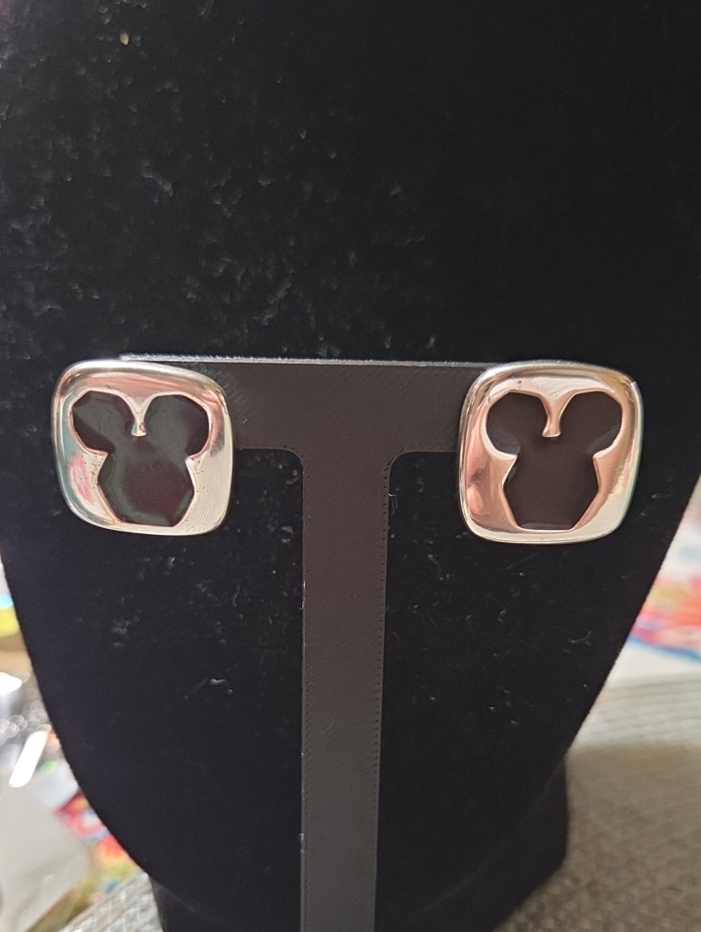 Disney/Napier Vintage Silver Tone Mickey Mouse Silhouette Square Stud Earrings